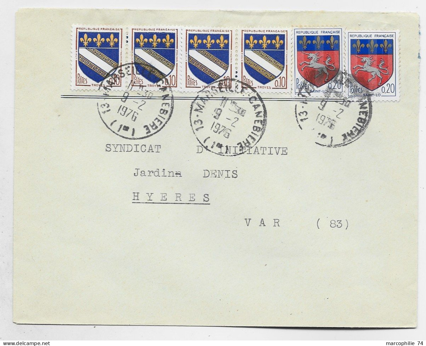 FRANCE BLASON 10C TROYES BANDE DE 4+20C ST LO PAIRE LETTRE COVER MARSEILLE 9.2.1976 AU TARIF - 1941-66 Coat Of Arms And Heraldry