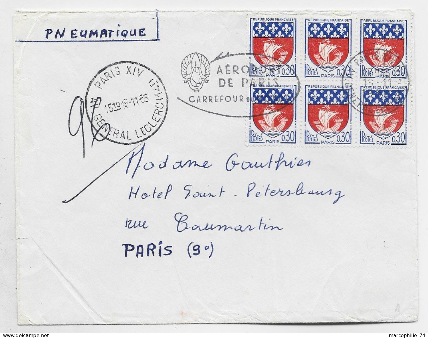 FRANCE BLASON 30C PARIS BLOC DE 6 PNEUMATIQUE MECANIQUE PARIS XIV AV GENERAL LECLERC 9.11.1965  AU TARIF - 1941-66 Wapenschilden