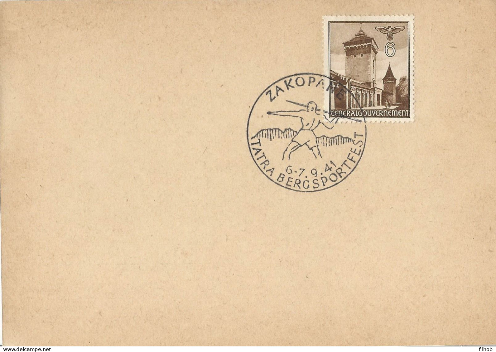 Poland GG Postmark (A206): 1941.09.06 Zakopane Tatra Mountain Sports Festival Javelin Thrower - Gouvernement Général