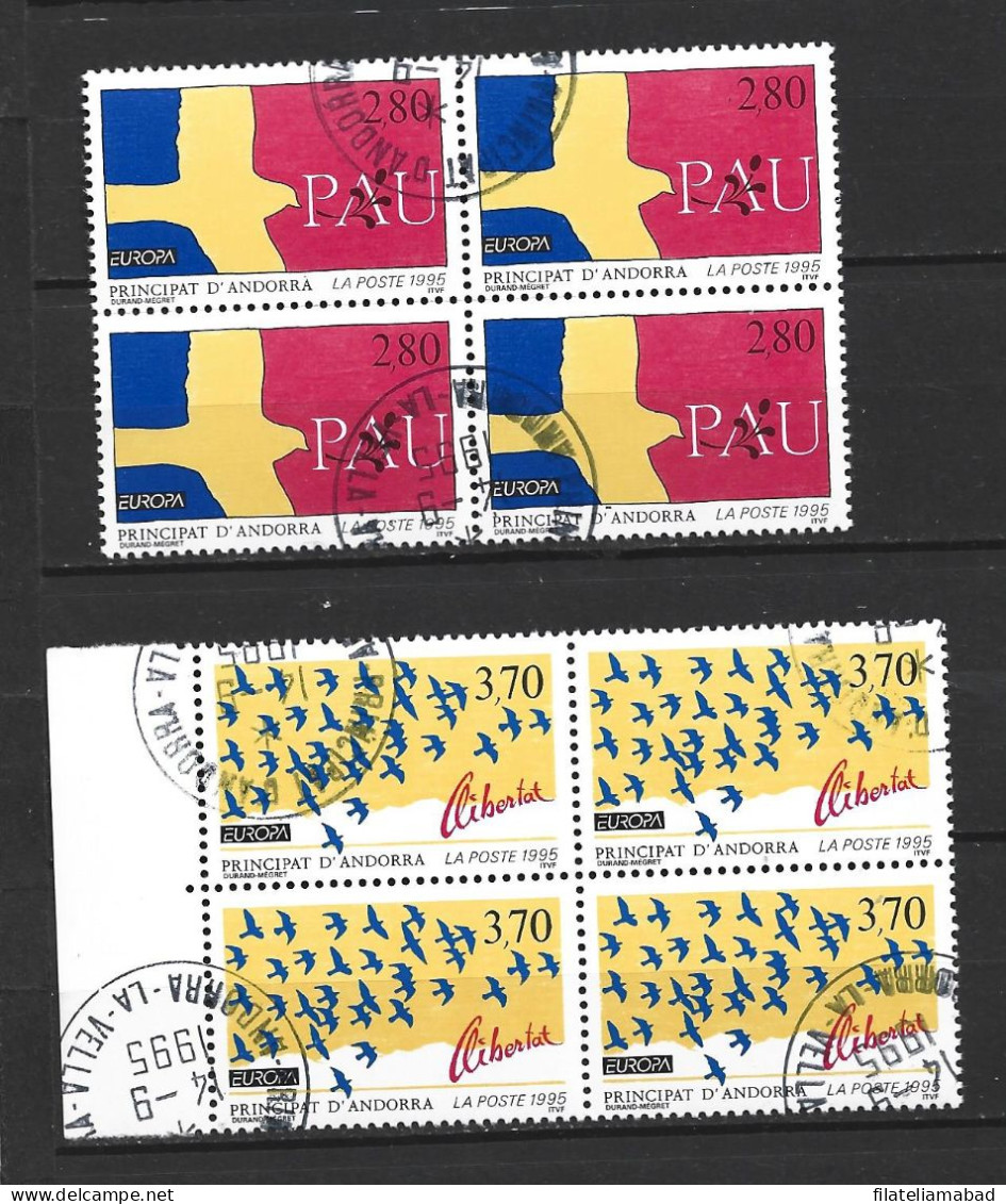 ANDORRA CORREO FRANCES BLOQUE DE 4 SELLOS EUROPA 95 Nº 456/457 SELLOS MATASELLADOS (C.H. C.12.16) - Blocks & Kleinbögen