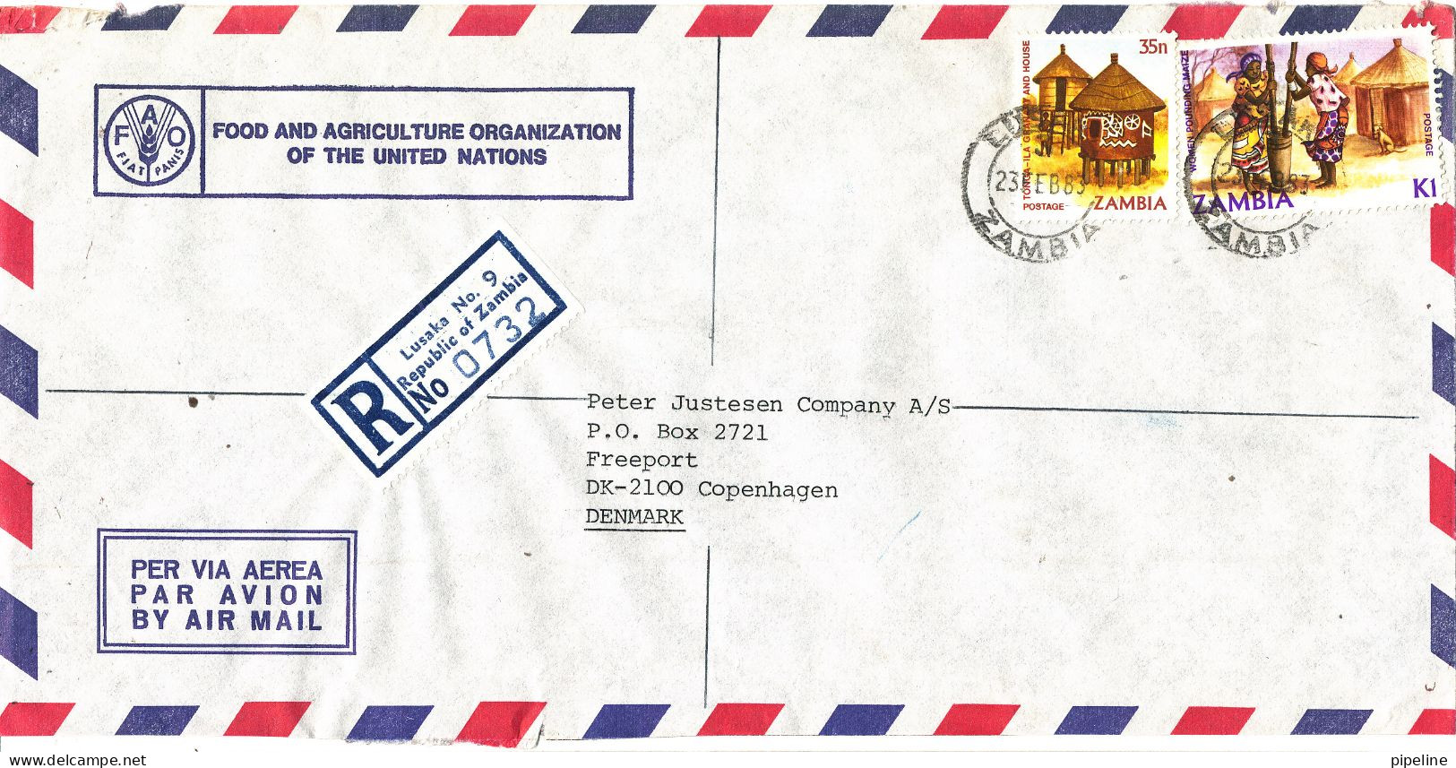 Zambia Registered Air Mail Cover Sent To Denmark 23-2-1983 Topic Stamps (from UN Food And Agriculture Organization Lusak - Zambia (1965-...)