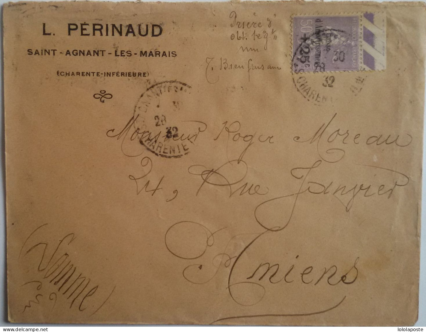 FRANCE - Enveloppe Du 28/07/32 Affranchie Avec Le N° 276 Seul Sur Lettre De St Agnant Les Marais Pour Amiens Le 29 - Enveloppes Types Et TSC (avant 1995)