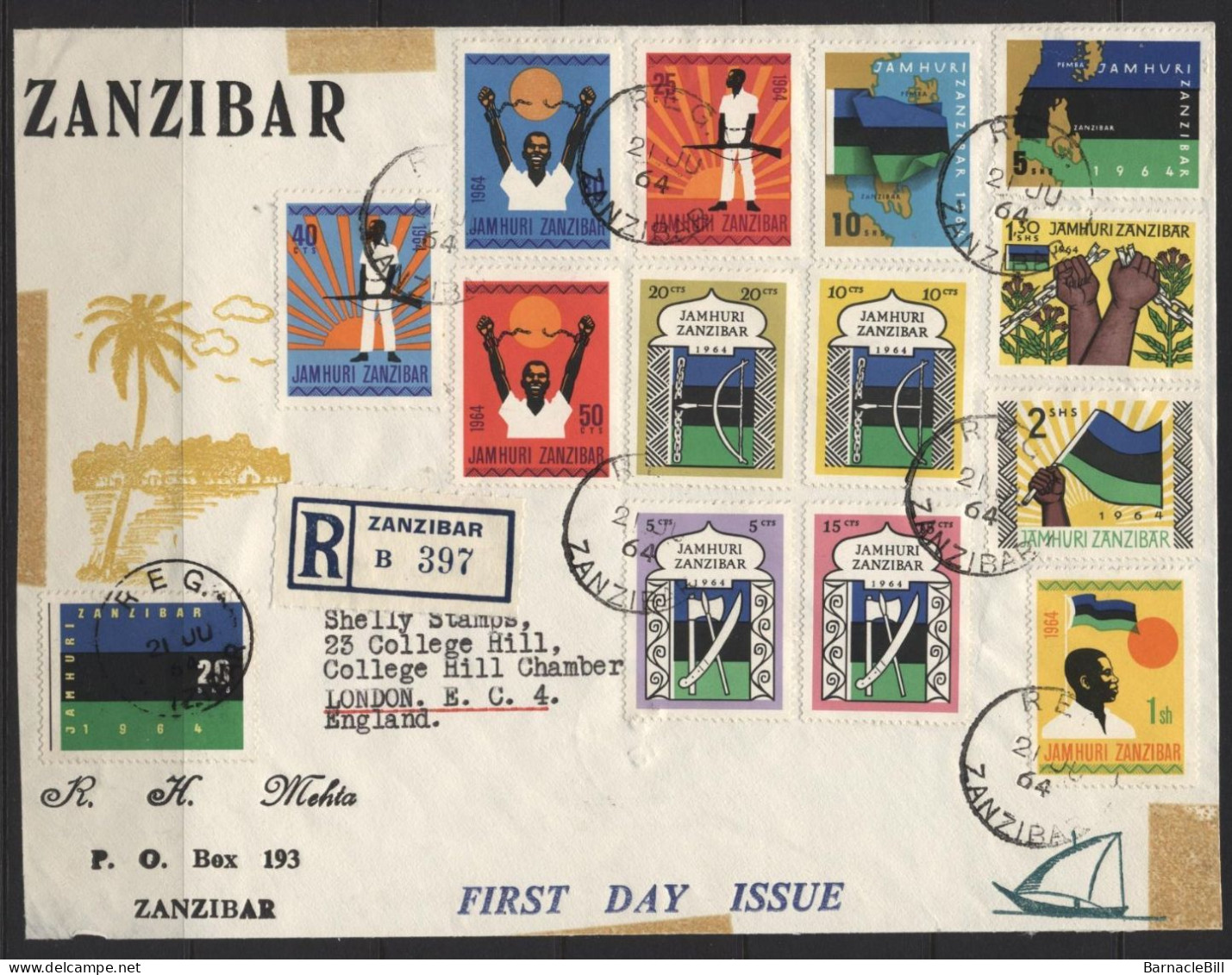 Zanzibar (01) 1964 Set. First Day Cover - Single Sheet. Hinged. - Zanzibar (1963-1968)