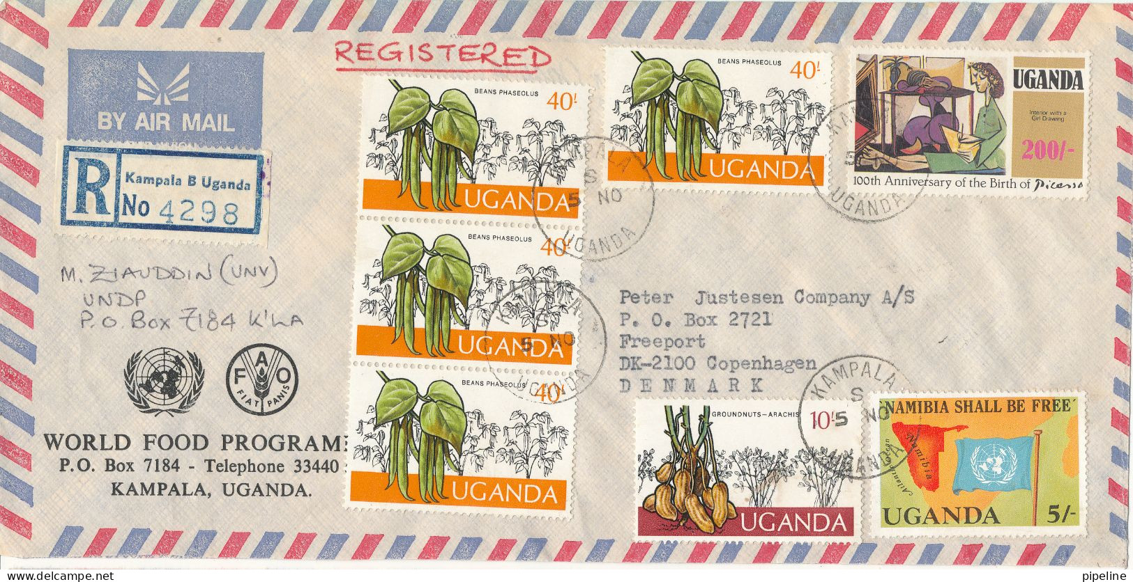 Uganda Registered Air Mail Cover Sent To Denmark 5-11-1983 Topic Stamps (UN World Food Programme Kampala) - Uganda (1962-...)
