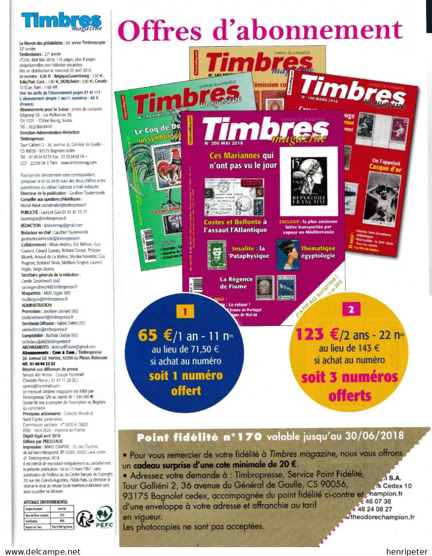 Revue Timbres Magazine - N° 200 - Mai 2018 - Revue En Excellent état - Francés (desde 1941)