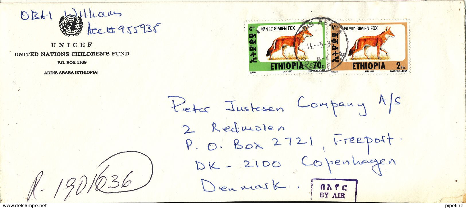 Ethiopia Registered Cover Sent To Denmark 14-5-1997 Topic Stamps (sent From UN Children's Fund Addis Ababa) - Etiopia