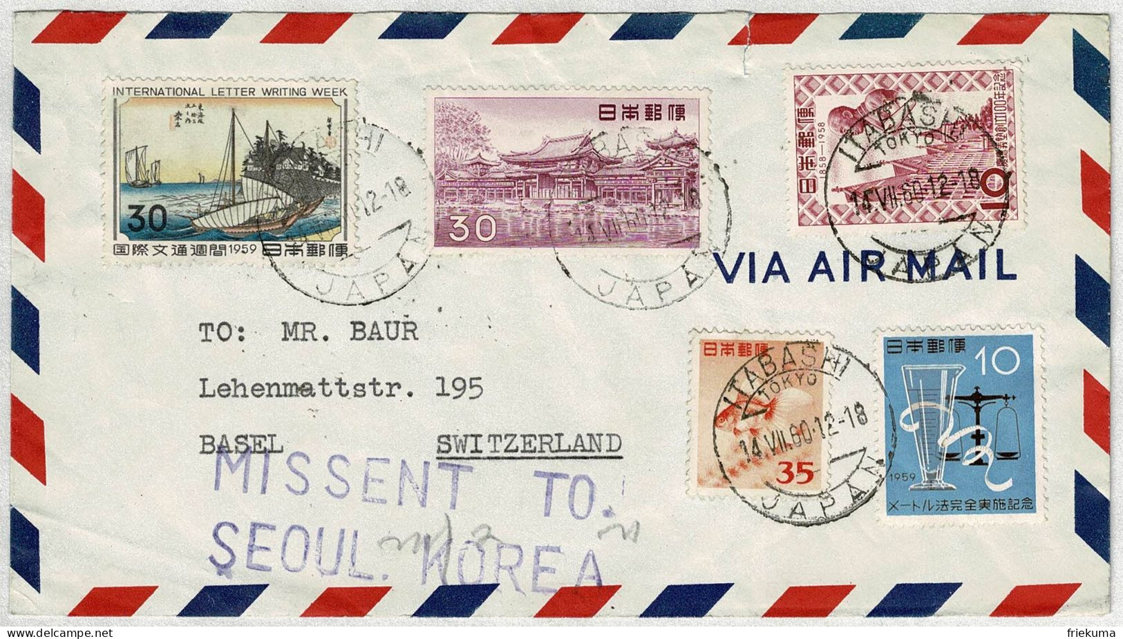 Japan / Nippon 1960, Luftpostbrief / Air Mail Itabashi - Basel (Schweiz), Missent To Seoul Korea - Lettres & Documents