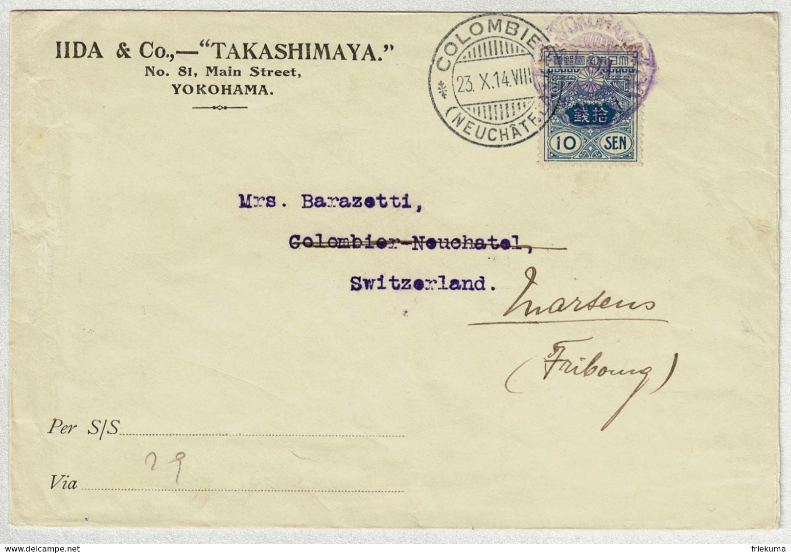 Japan / Nippon 1914, Brief Yokohama - Colombier (Schweiz), Nachsendung Marsens - Brieven En Documenten