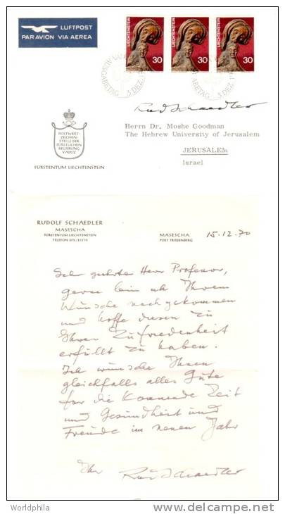 Liechtenstein 1970 Christmas Autographed FDC Sculpture By Rudolf Schadler+letter Mailed To Israel. - Briefe U. Dokumente