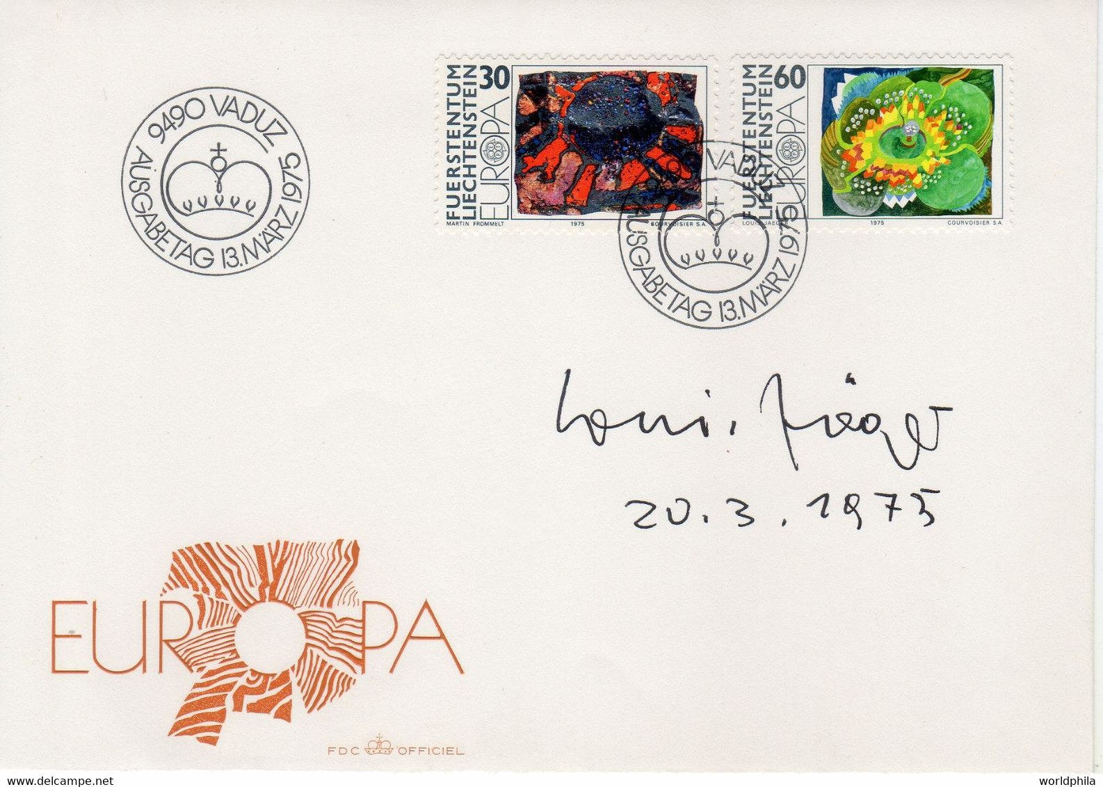 Liechtenstein 1975 Autographed By The Stamp Designer Louis Jaaeger "Europa" FDC - Covers & Documents