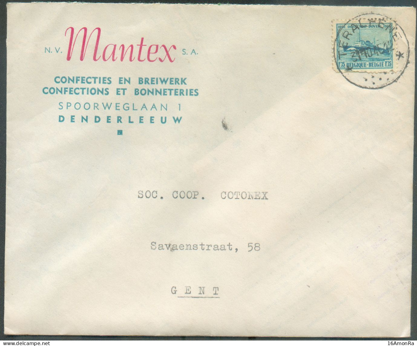 N°725 - 1Fr.35 OSTENDE-DOVER Obl. Sc Relais De TERALFENE * Sur Lettre  à En-tête (Confecties En Breiwerk MANTEX In DENDE - Postmarks With Stars