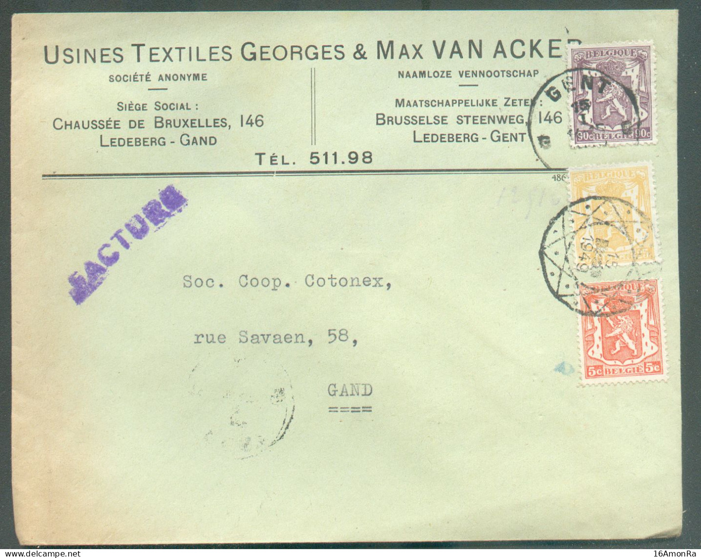 N°419-710-714  - Affranchissement LION Sceau De L'Etat à 1Fr.20 Obl. Sc GENT + Dc Muet  (combinaison Originale !)  Sur L - 1935-1949 Small Seal Of The State