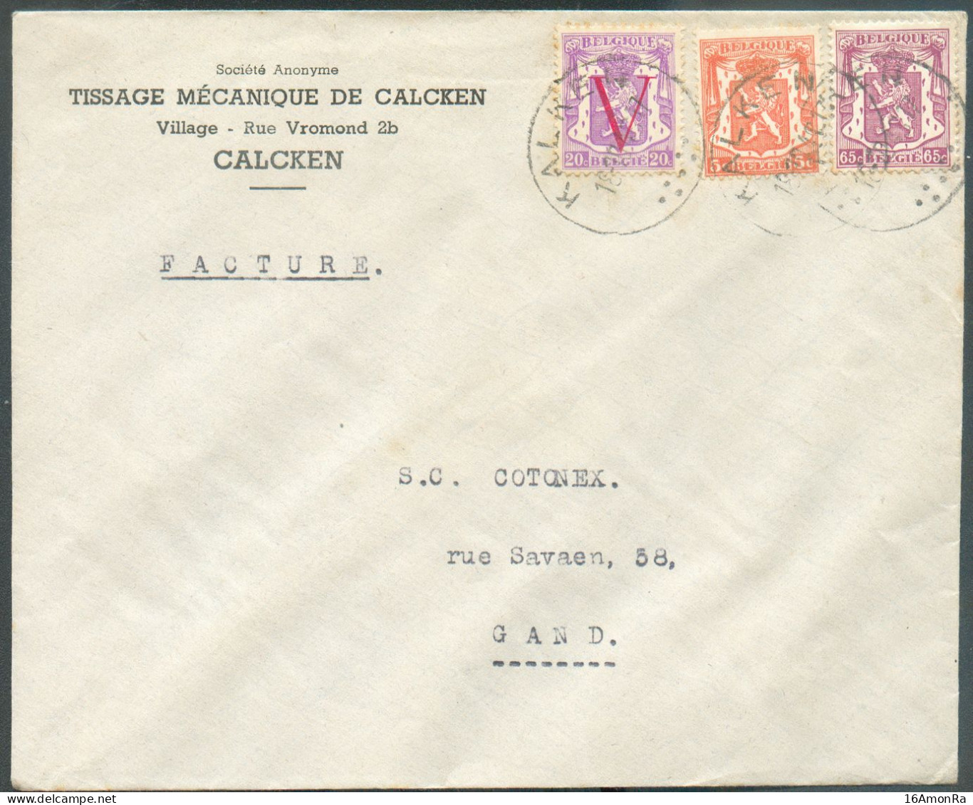 N°419-672-714  - Affranchissement LION Sceau De L'Etat Et V à 90c.  Obl. Sc KALKEN  Sur Lettre  à En-tête (Tissage Mécan - 1935-1949 Small Seal Of The State