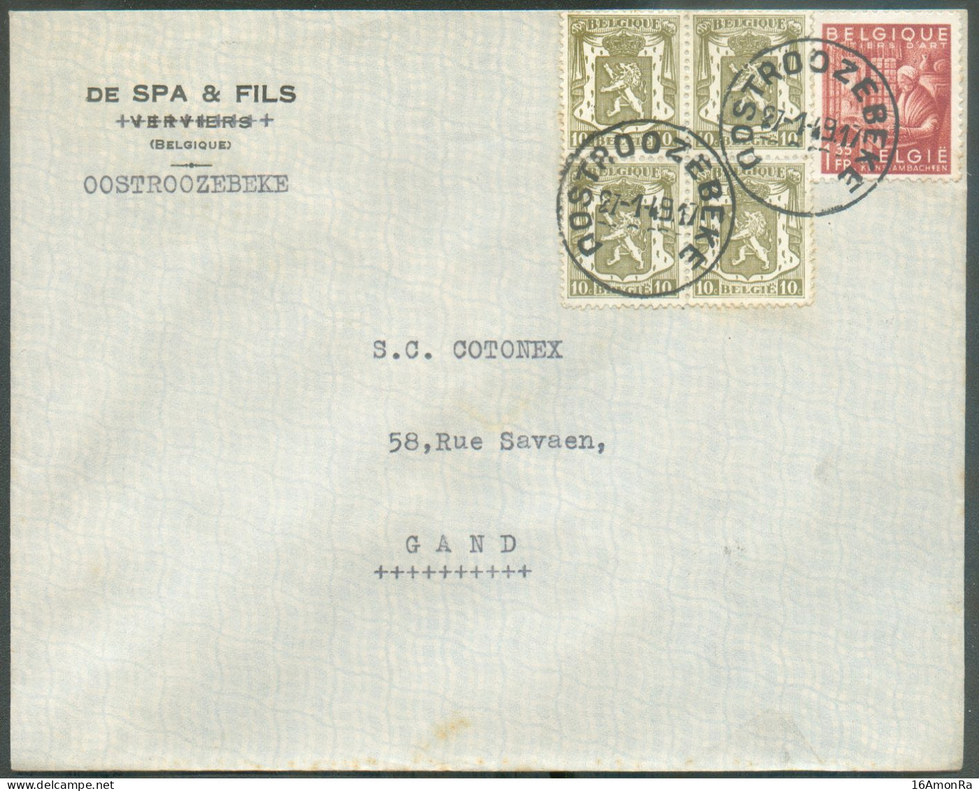 N°420(4-762 - 10c. LION Sceau De L'Etat (bloc De 4) + 1Fr.35 Industrie  Obl. Sc OOSTROOZEBEKE  Sur Lettre  à En-tête (DE - 1935-1949 Klein Staatswapen