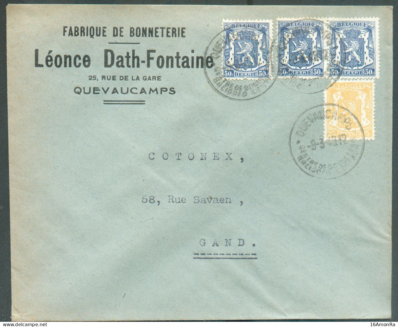 N°426(3)-710 -  25c. + 50c. LION Sceau De L'Etat (x3) Obl. Sc QUEVAUCAMPS  Centre De Bonneterie Sur Lettre  à En-tête (L - 1935-1949 Klein Staatswapen