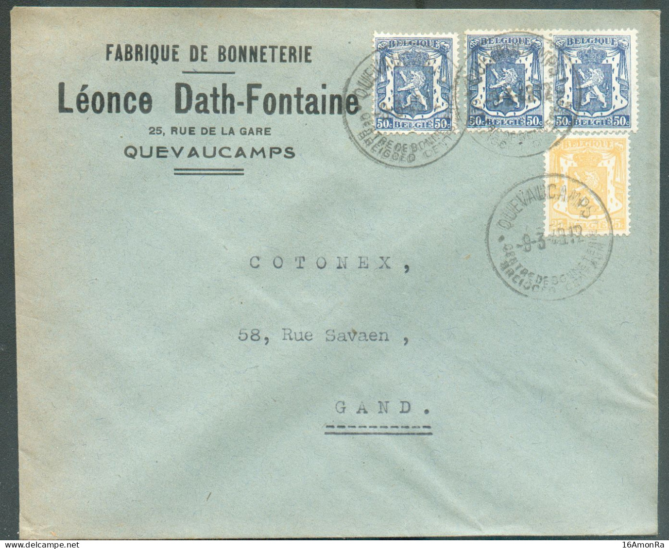 N°426(3)-710 -  25c. + 50c. LION Sceau De L'Etat (x3) Obl. Sc QUEVAUCAMPS  Centre De Bonneterie Sur Lettre  à En-tête (L - 1935-1949 Kleines Staatssiegel