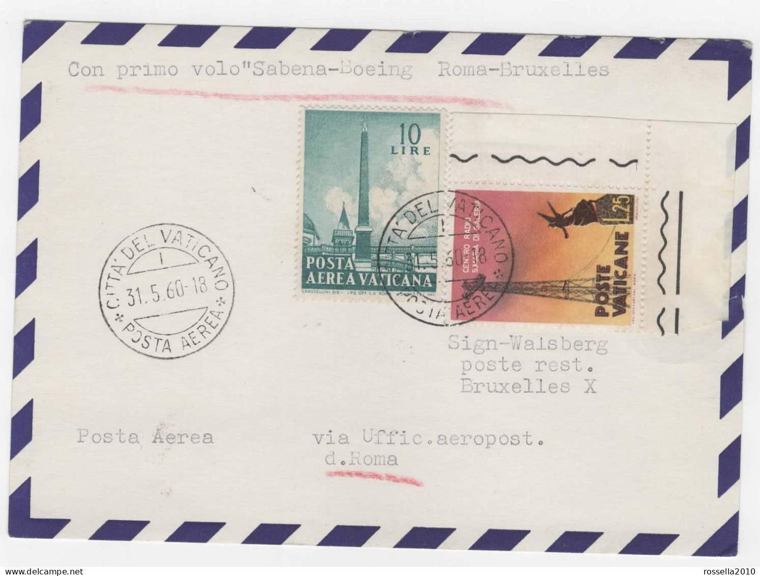 BUSTA VATICANO PRIMO VOLO SABENA ROMA BRUXELLES 1960 VATICAN FIRST FLIGHT COVER - Storia Postale