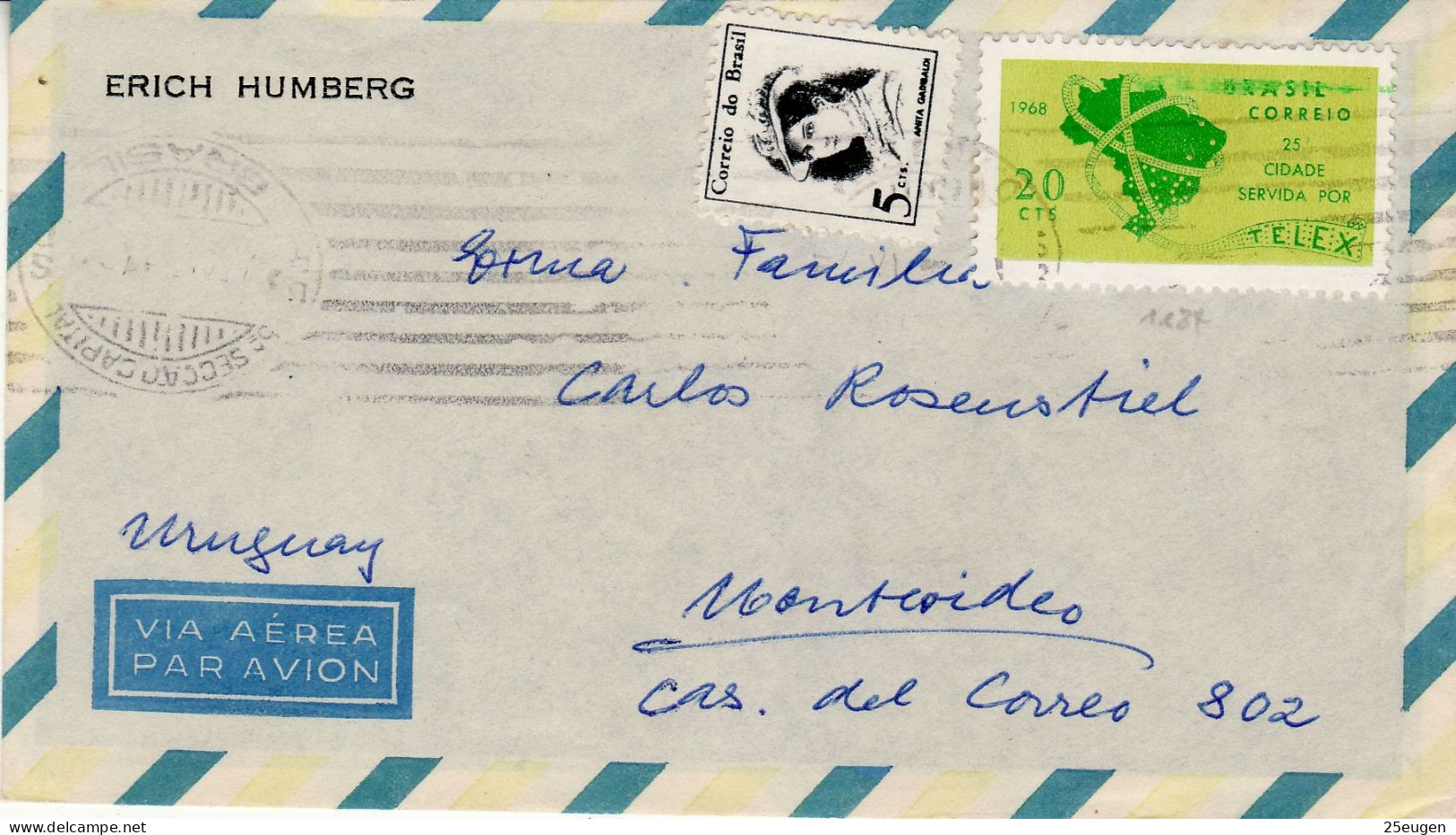 BRAZIL 1968 AIRMAIL  LETTER SENT TO MONTEVIDEO - Lettres & Documents