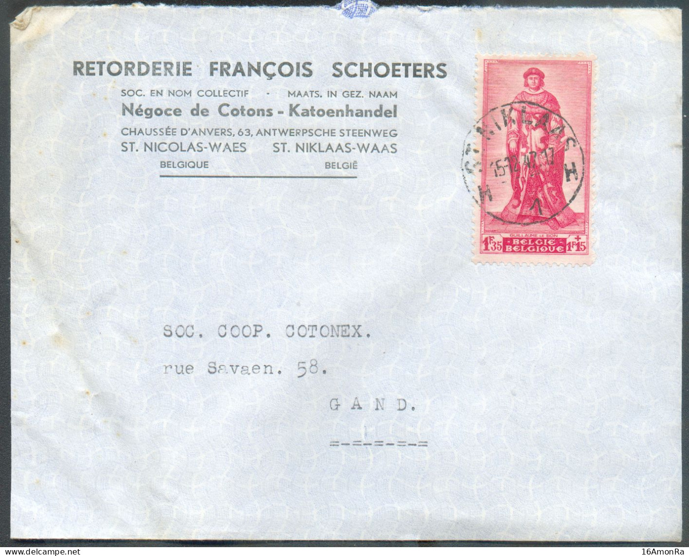 N°753 - 1Fr.35 (SENAT Guillaume Le Bon) Obl. Sc ST NIKLAAS Sur Lettre à En-tête (Retorderie François SCHOETERS Katoenhan - Brieven En Documenten