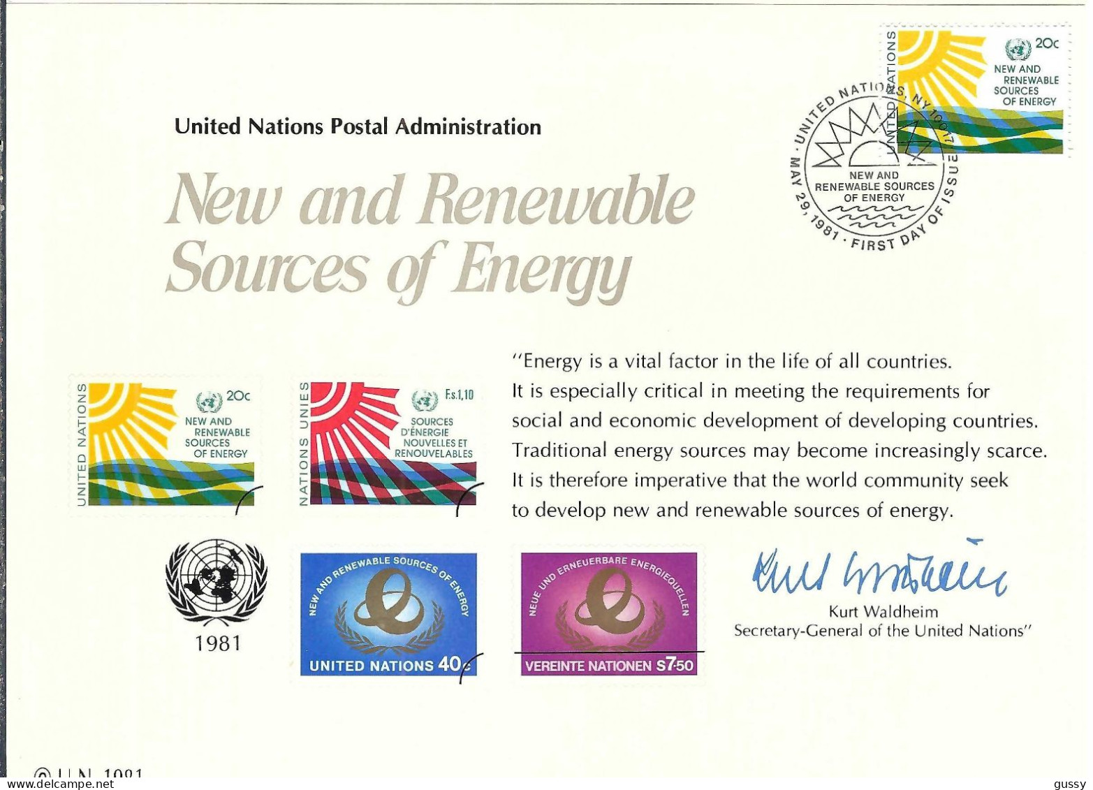 NATIONS UNIES New York Ca.1981: Encart Officiel FDC - Briefe U. Dokumente