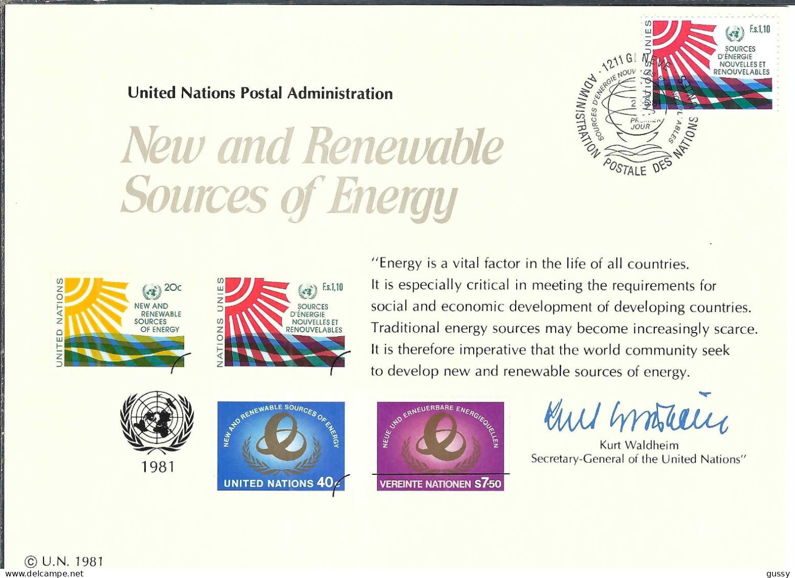 NATIONS UNIES Genève Ca.1981: Encart Officiel FDC - Briefe U. Dokumente
