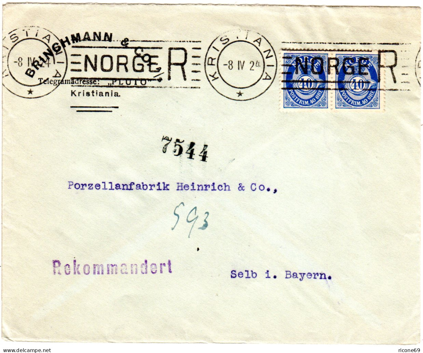 Norwegen 1924, Kristiania Maschinen-Reko-Stempel Auf Brief M. 2x40 öre N. Bayern - Brieven En Documenten