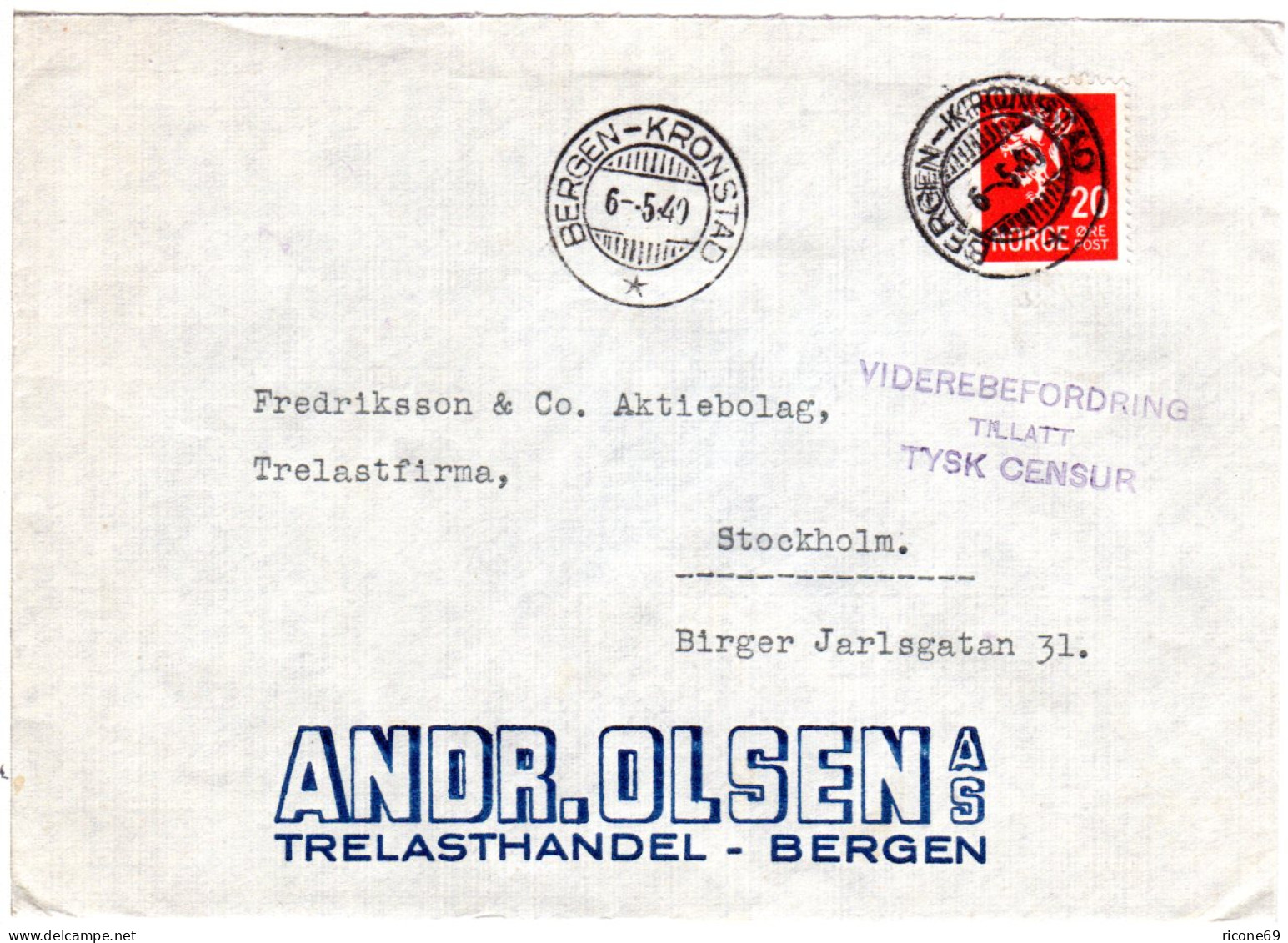 Norwegen 1940, 20 öre Auf Brief M. Dt. L3-Zensur VIDEREBEFORDRING TILLATT... - Storia Postale