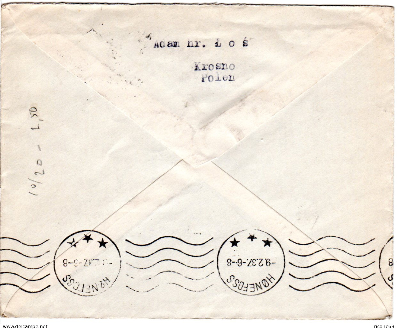 Polen 1937, 5+2x25 Gr. Auf Brief V. Krosno N. Norwegen - Covers & Documents