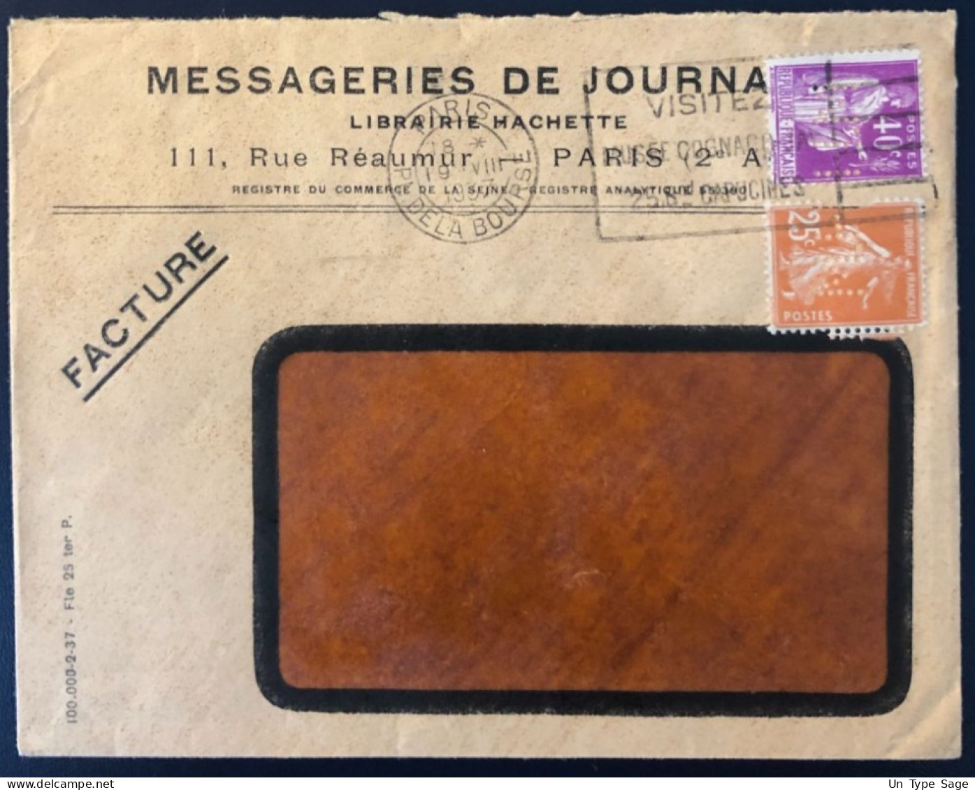 France, Divers Sur Enveloppe, Perforé MESSAGERIES DE JOURNAUX 1937  - (B1710) - Briefe U. Dokumente