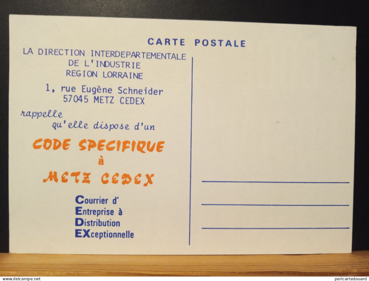 Code Postal. Carte Postale Verso Blanc,  57045  METZ  CEDEX - Cartas & Documentos