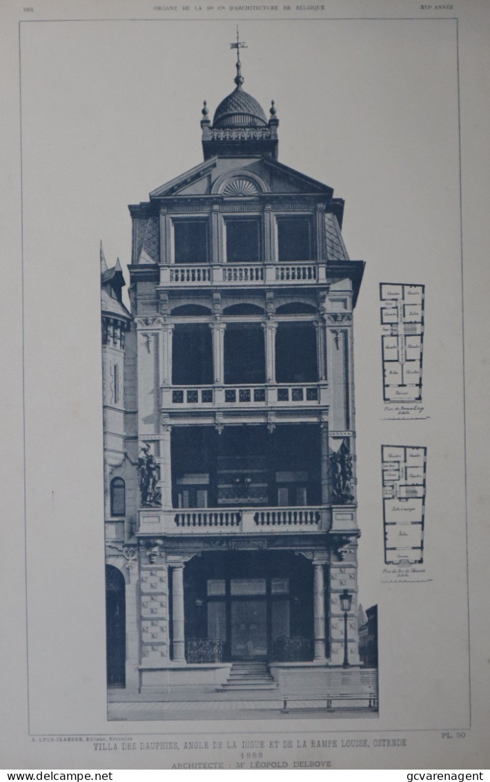 OOSTENDE 1888 - VILLA DES DAUPHINS ,ANGLE DE LA DIGUE ET DE LA RAMPE LOUISE      45 X 32 CM   VOIR 2 SCANS - Architecture