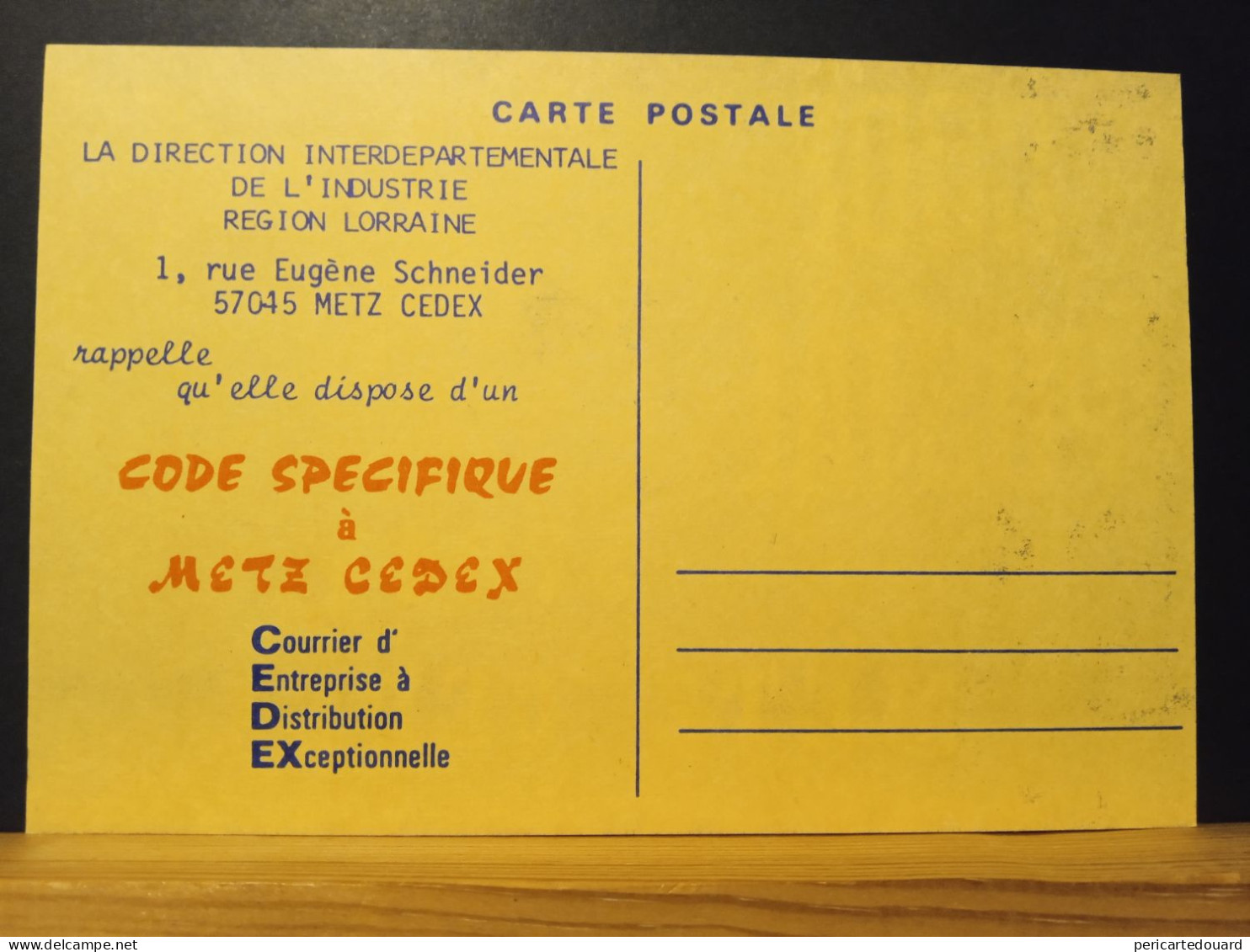 Code Postal. Carte Postale Verso Jaune,  57045  METZ  CEDEX - Lettere