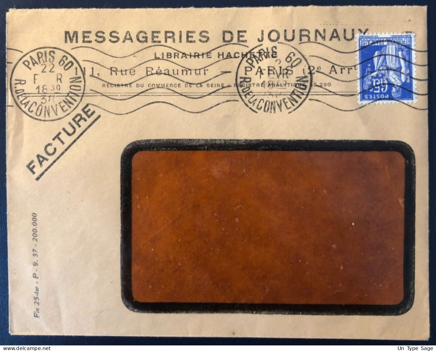 France, Divers Sur Enveloppe, Perforé MESSAGERIES DE JOURNAUX 1937  - (B1728) - Brieven En Documenten