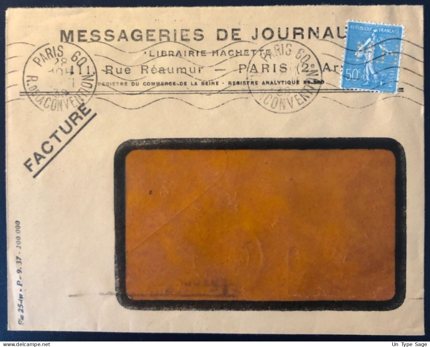 France, Divers Sur Enveloppe, Perforé MESSAGERIES DE JOURNAUX 1938  - (B1729) - Cartas & Documentos