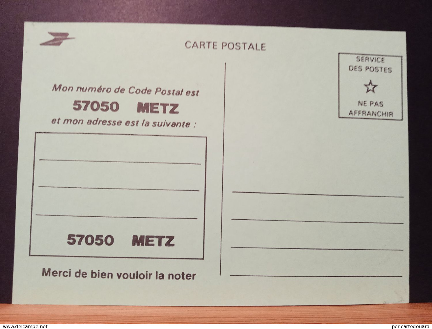 Code Postal. Carte Postale Verte Claire En Franchise,  57050  METZ. Neuve - Covers & Documents