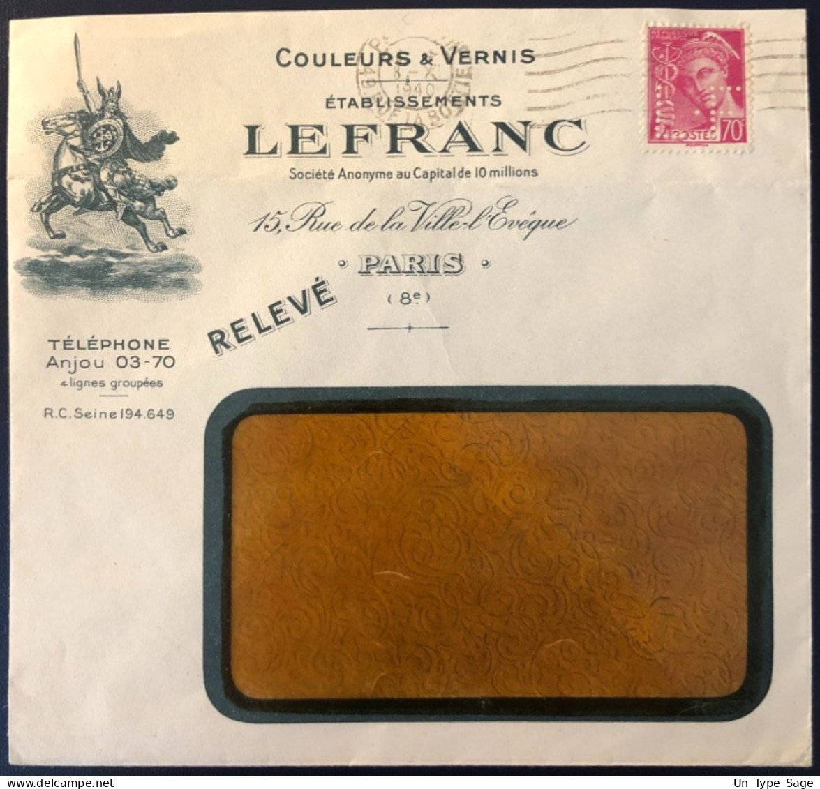 France, Divers Sur Enveloppe, Perforé L.F (LE FRANC) 1940  - (B1771) - Covers & Documents