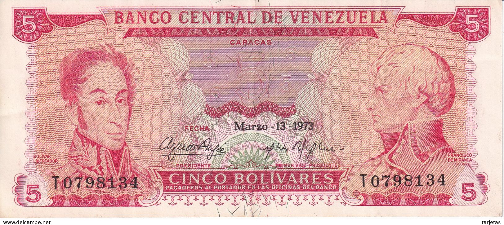 BILLETE DE VENEZUELA DE 5 BOLIVARES DEL AÑO 1973 CALIDAD EBC (XF)  (BANK NOTE) - Venezuela