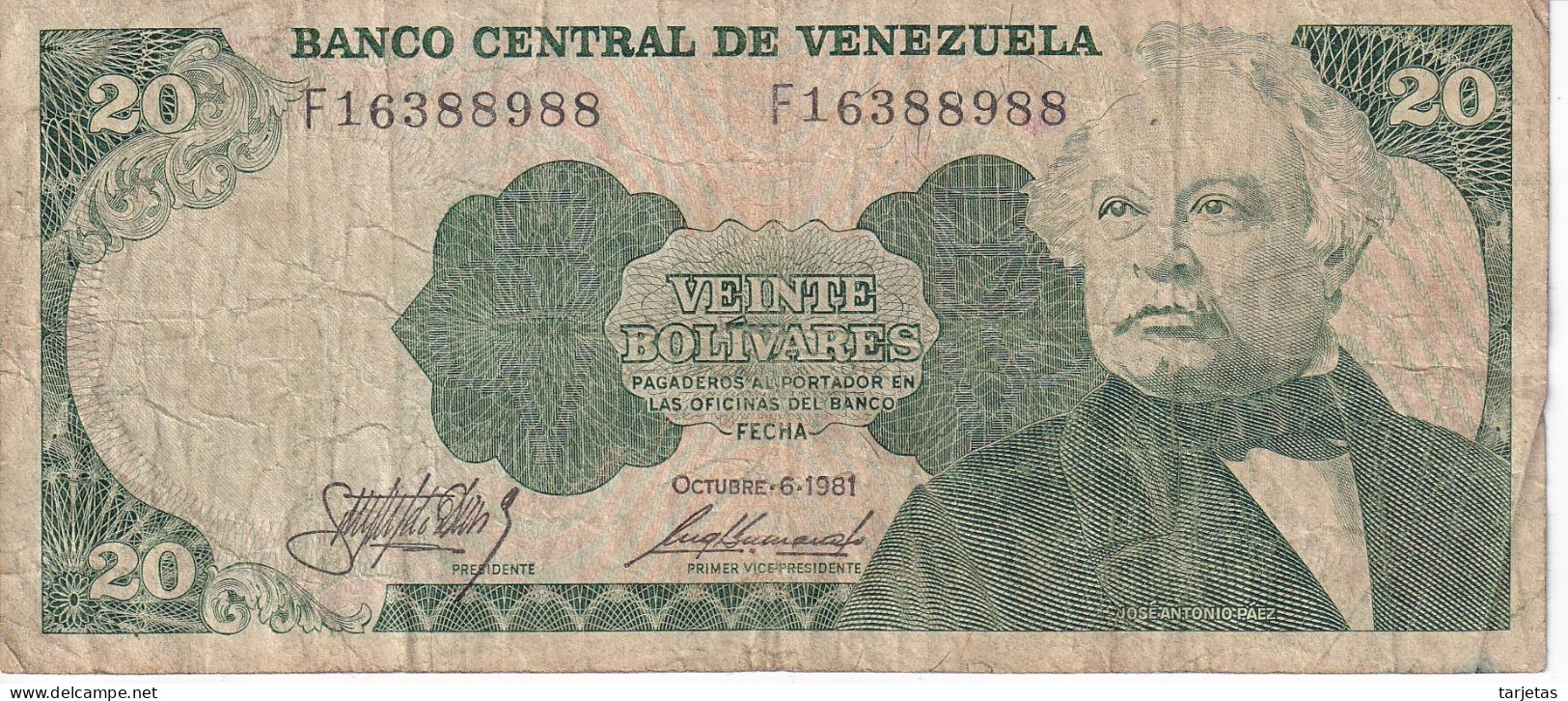 BILLETE DE VENEZUELA DE 20 BOLIVARES DEL AÑO 1981 (BANK NOTE) - Venezuela