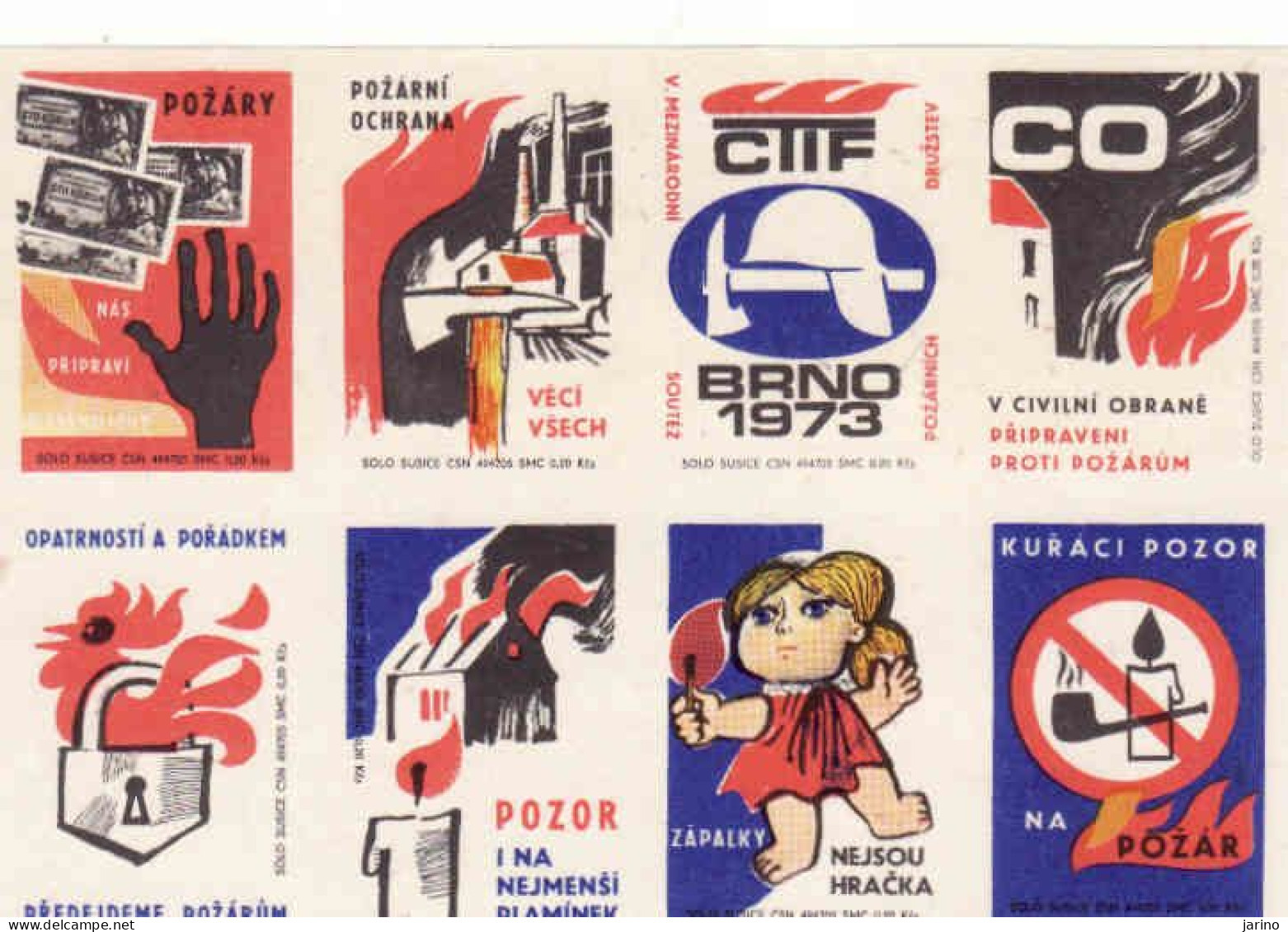 Czechoslovakia - Czechia 8 Matchbox Labels, Fire And Civil Protection - Competition Brno 1973 - Boites D'allumettes - Etiquettes