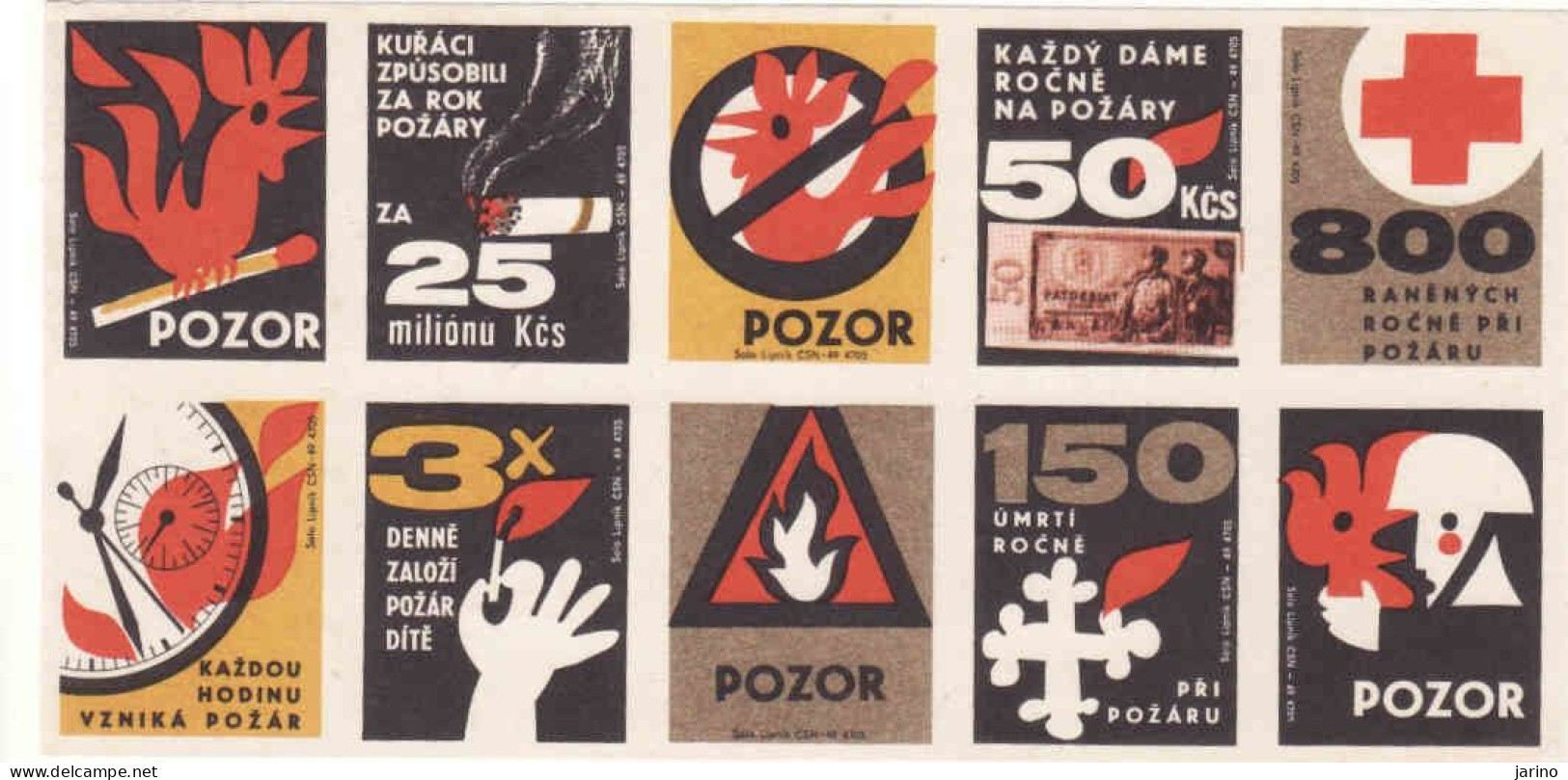 Czechoslovakia - Czechia 10 Matchbox Labels - Fire Protection - Cock, Požiarna Ochrana - Boites D'allumettes - Etiquettes