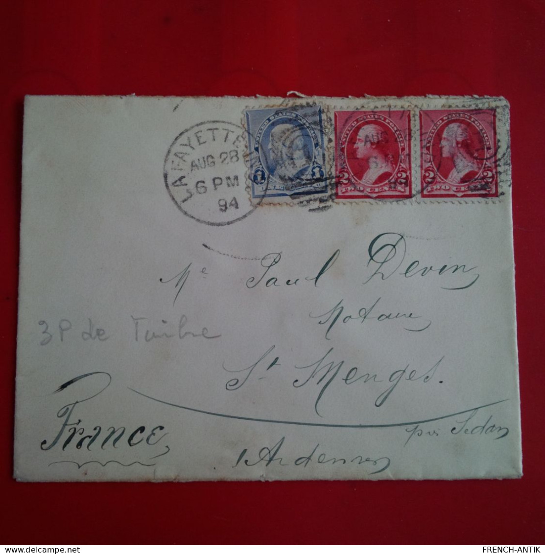 LETTRE ETATS UNIS LAFAYETTE POUR ST MENGES PAR SEDAN 1894 - Lettres & Documents