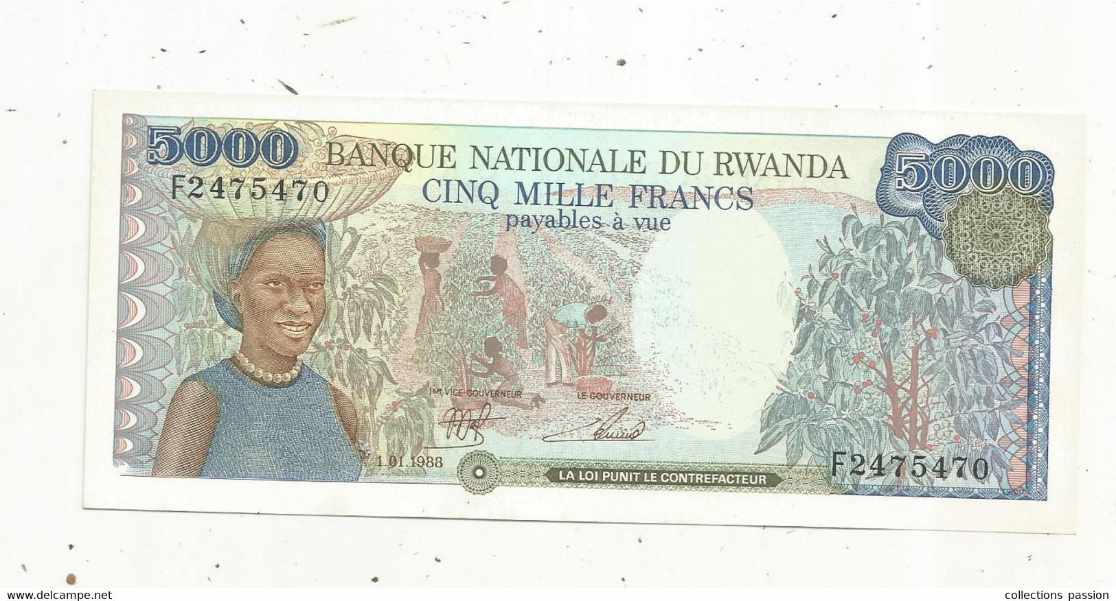 Billet, RWANDA , 5000, Cinq Mille FRANCS Payable à Vue , 1.01.1988, 2 Scans , Frais Fr 1.65 E - Ruanda