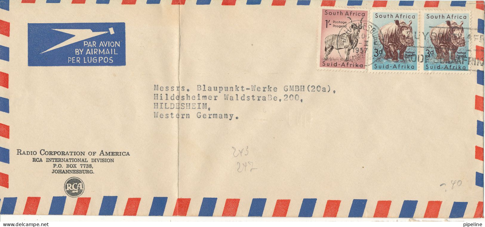 South Africa Air Mail Cover Sent To Germany 10-2-1957 Folded Cover Topic Stamps - Airmail