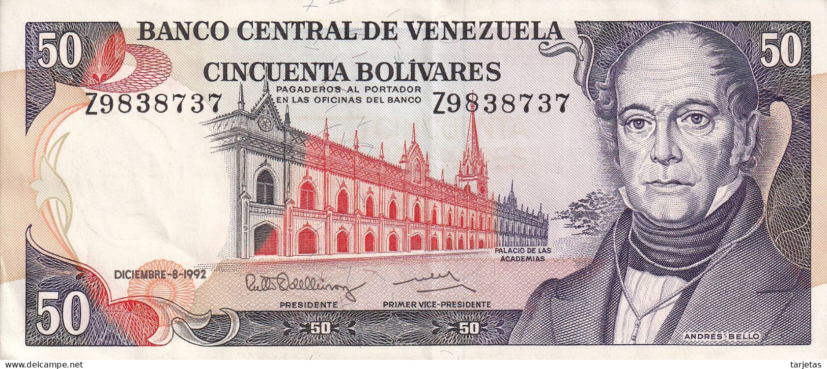BILLETE DE VENEZUELA DE 50 BOLIVARES DEL AÑO 1992 EN CALIDAD EBC (XF) (BANKNOTE) - Venezuela