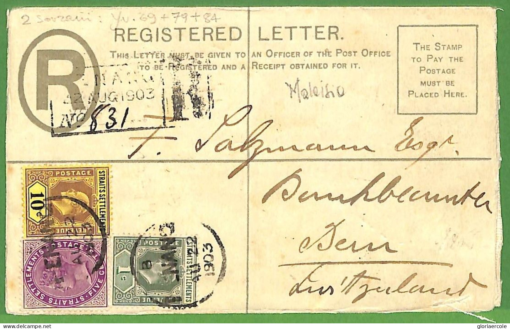 P0968 - STRAITS SETTLEMENTS  - Postal History - REGISTERED STATIONERY To GERMANY - Straits Settlements