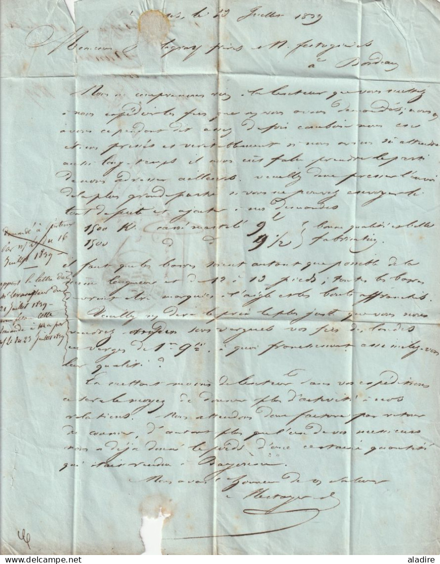 1839 - Lettre De NANTES, Grand Cachet  Vers BORDEAUX, Grand Cachet - Taxe 6 - Cachet à Date D' Arrivée - 1801-1848: Précurseurs XIX