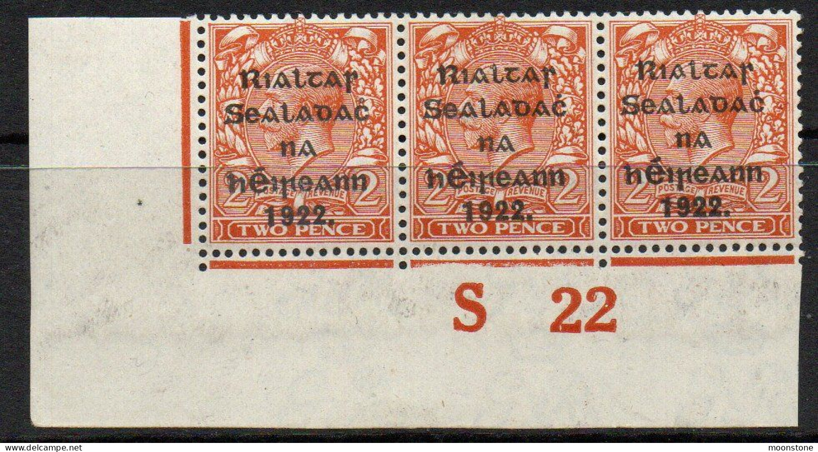 Ireland 1922 Thom Rialtas Overprint On 2d Orange Die II S22 Control Strip Of 3, MNH, SG 34 - Ungebraucht