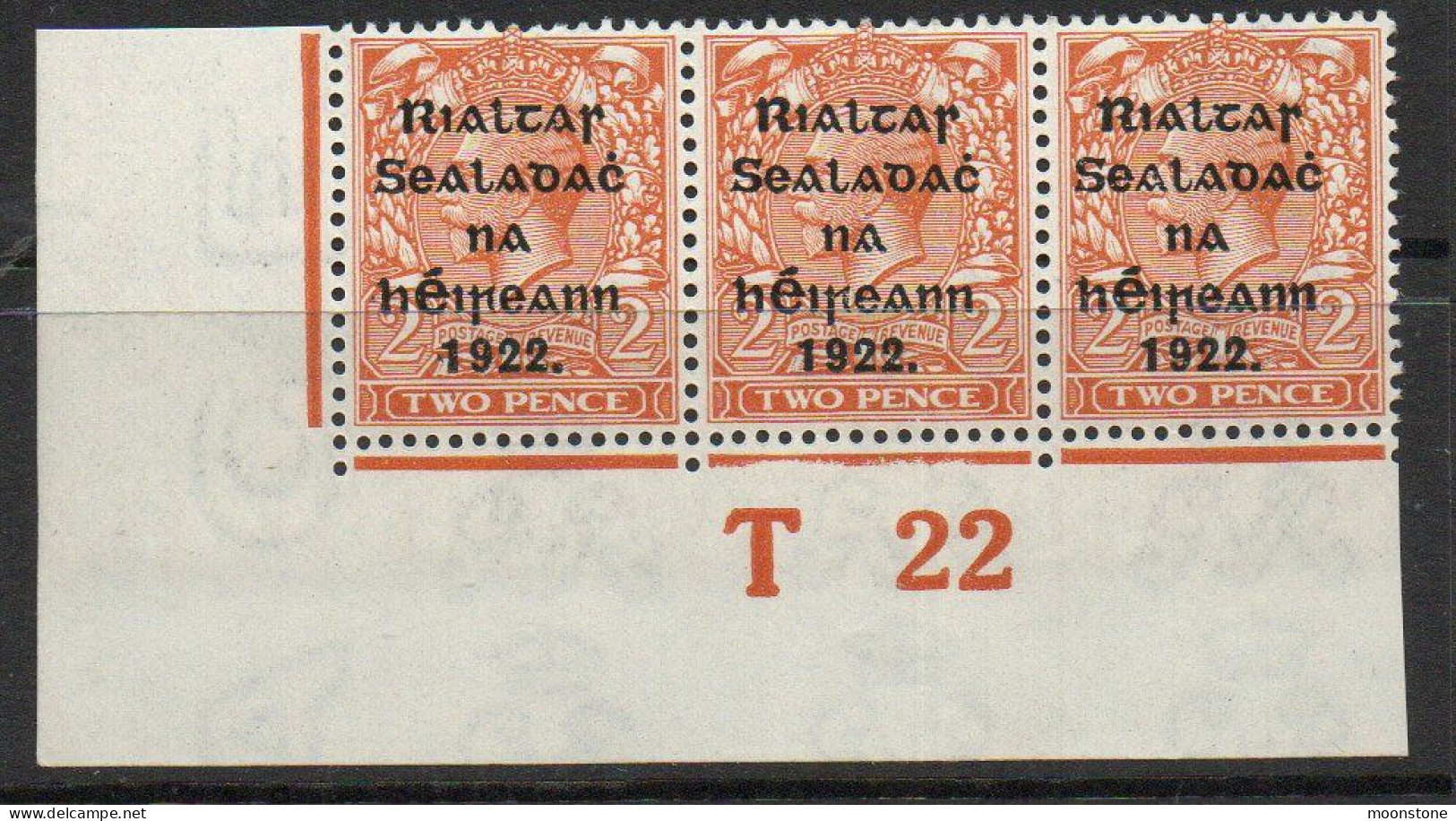 Ireland 1922 Thom Rialtas Overprint On 2d Orange Die II T22 Control Strip Of 3, Middle Stamp Light MH, SG 34 - Nuovi