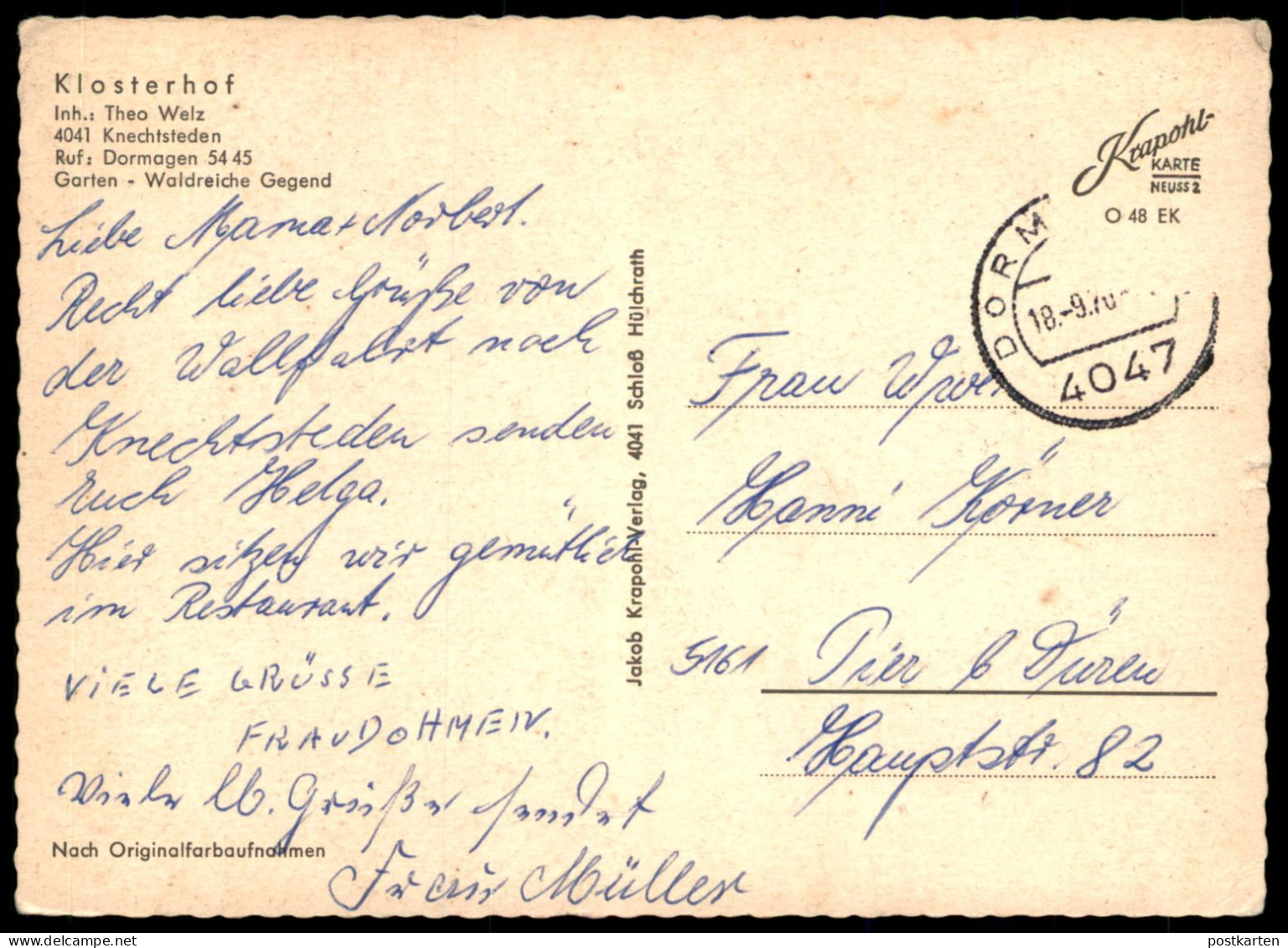 ÄLTERE POSTKARTE KLOSTERHOF KNECHTSTEDEN DORMAGEN GAFFEL KÖLSCH UNION BIER AUTOMAT SEKT THEKE Ansichtskarte AK Postcard - Dormagen