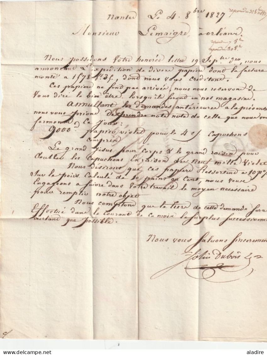 1827 - Marque Postale 42 NANTES Sur  Lettre Vers ORLEANS - Taxe 6 - Dateur En Arrivée - Règne De  Charles X - 1801-1848: Precursores XIX